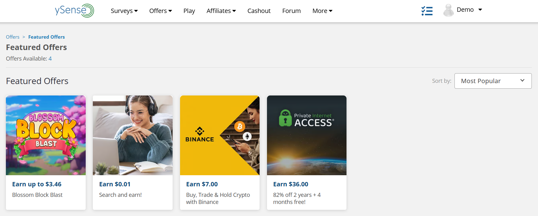 ySense cash offers from ad network