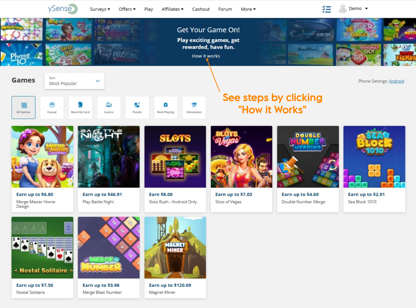 ySense play and earn games section