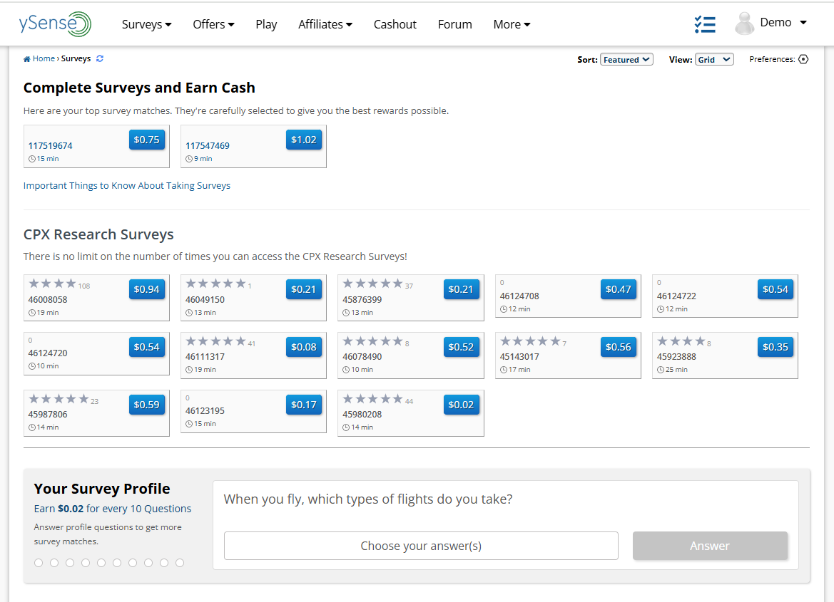 ySense paid surveys dashboard